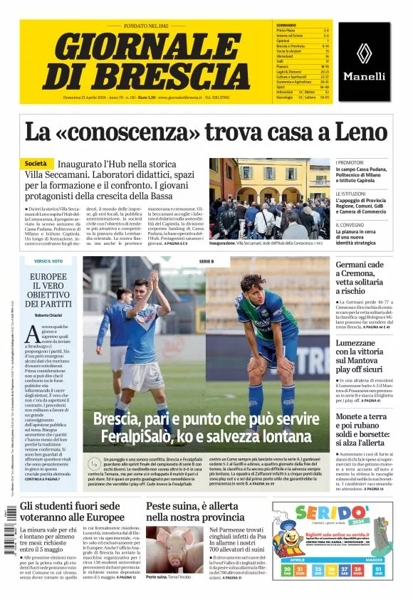 Prima-pagina-giornale di brescia-oggi-edizione-del-2024-04-21